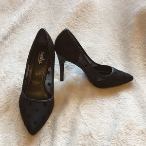 Black on black polka dot heels